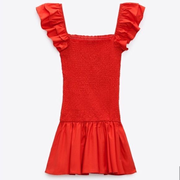 Zara Red Smocked Bodice Drop Waist Tiered Ruffle Form Fitted Mini Dress NEW - Picture 4 of 16